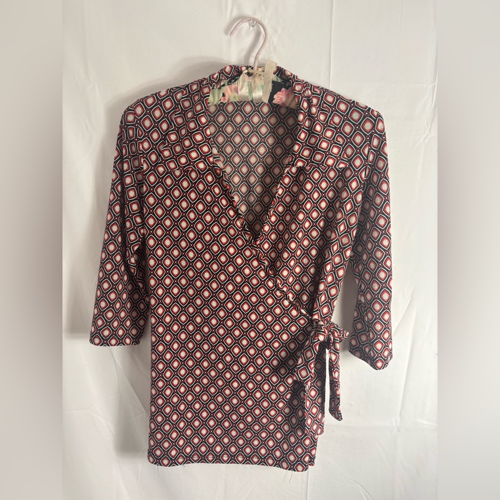 Y2K Red+Black Abstract Faux Wrap Collared Indiesleeze 3/4 Sleeve Boho Top Size S